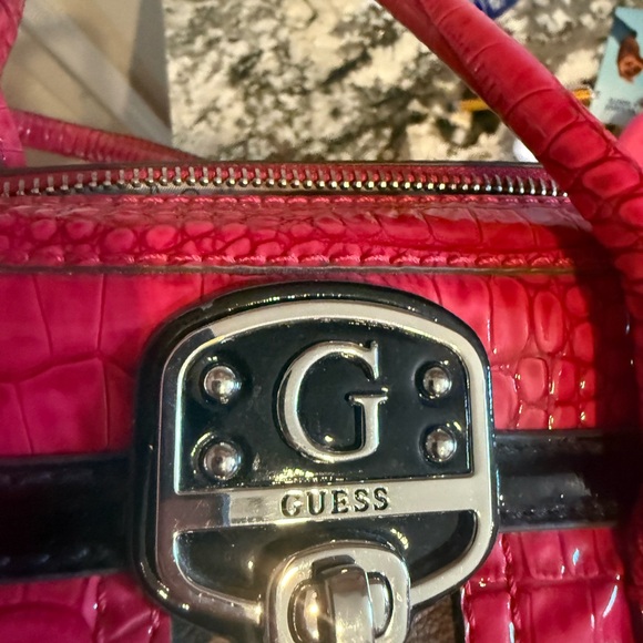 GUESS Hot Pink Croc-Embossed Satchel with Leopard Stripe - Picture 9 of 9